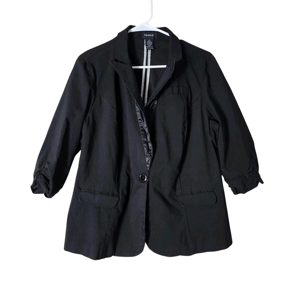 Torrid Blazer Plus Size 1X Black Stretch 3/4 Ruched Sleeve Career‎